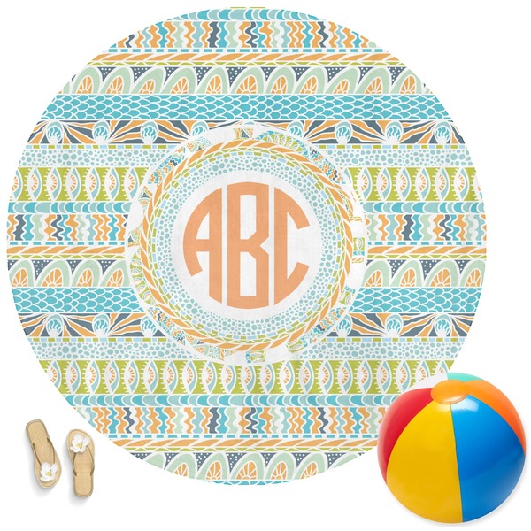 Custom Teal Ribbons & Labels Round Beach Towel (Personalized)