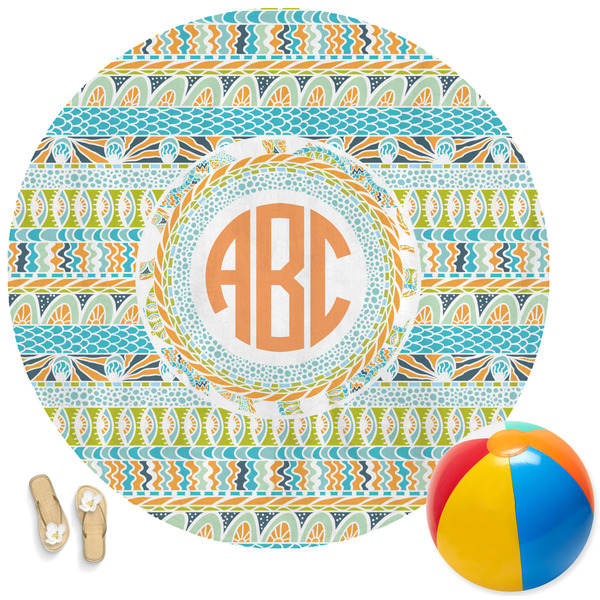 Custom Teal Ribbons & Labels Round Beach Towel (Personalized)