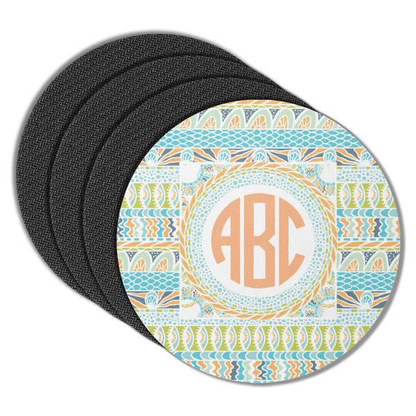 Custom Teal Ribbons & Labels Round Rubber Backed Coasters - Set of 4 (Personalized)
