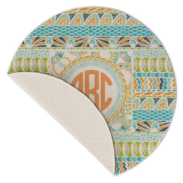 Teal Ribbons & Labels Round Linen Placemats - Front (folded corner single sided)