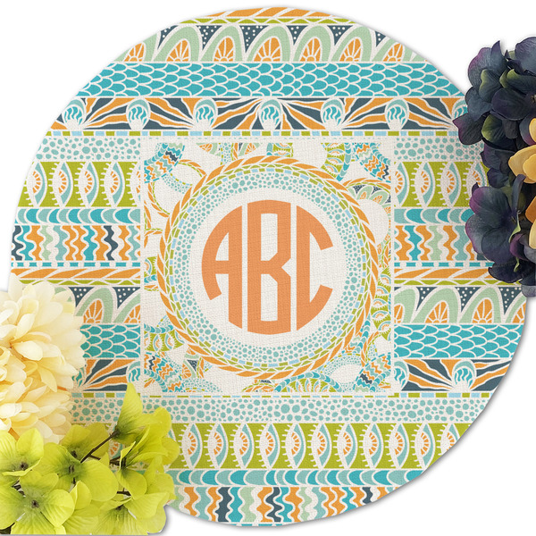 Teal Ribbons & Labels Round Linen Placemats - Front (w flowers)