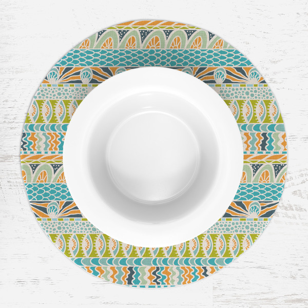Teal Ribbons & Labels Round Linen Placemats - LIFESTYLE (single)