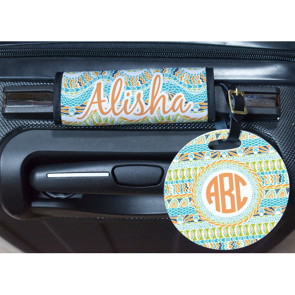 Teal Ribbons & Labels Round Luggage Tag & Handle Wrap - In Context