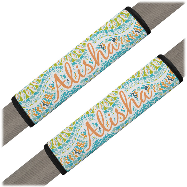 Custom Teal Ribbons & Labels Seat Belt Covers (Set of 2) (Personalized)