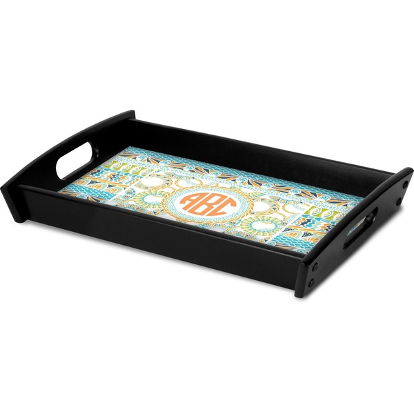 Teal Ribbons & Labels Serving Tray Black - Corner