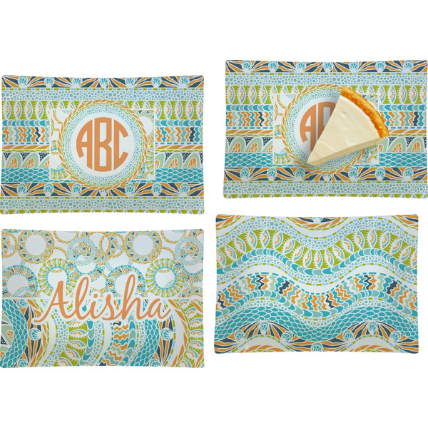 Custom Teal Ribbons & Labels Set of 4 Glass Rectangular Appetizer / Dessert Plate (Personalized)