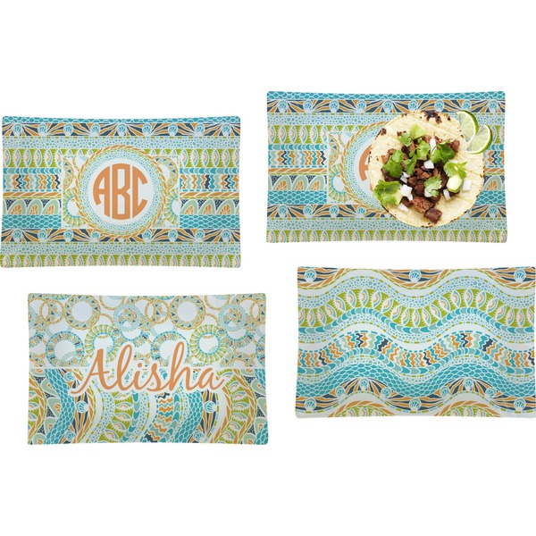 Custom Teal Ribbons & Labels Set of 4 Glass Rectangular Lunch / Dinner Plate (Personalized)