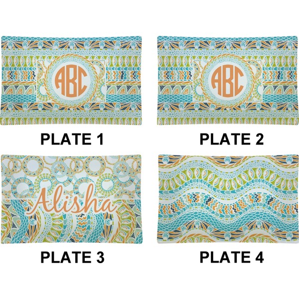 Teal Ribbons & Labels Set of Rectangular Dinner Plates (Approval)