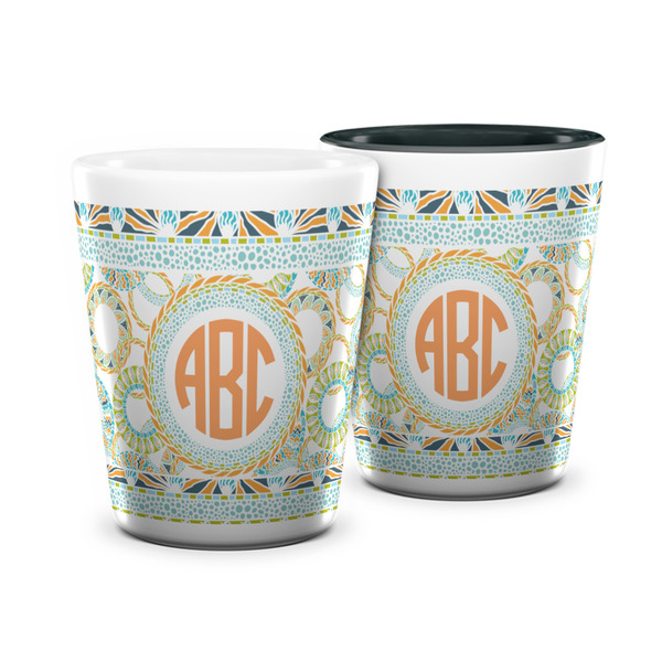Custom Teal Ribbons & Labels Ceramic Shot Glass - 1.5 oz (Personalized)