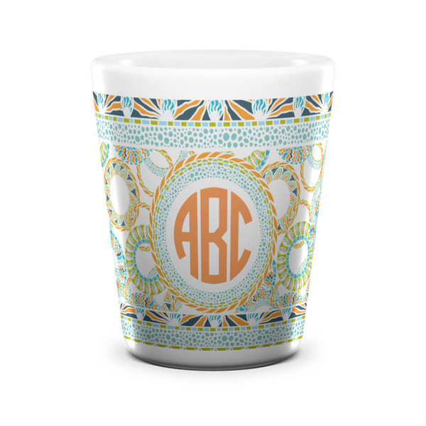 Custom Teal Ribbons & Labels Ceramic Shot Glass - 1.5 oz - White - Set of 4 (Personalized)