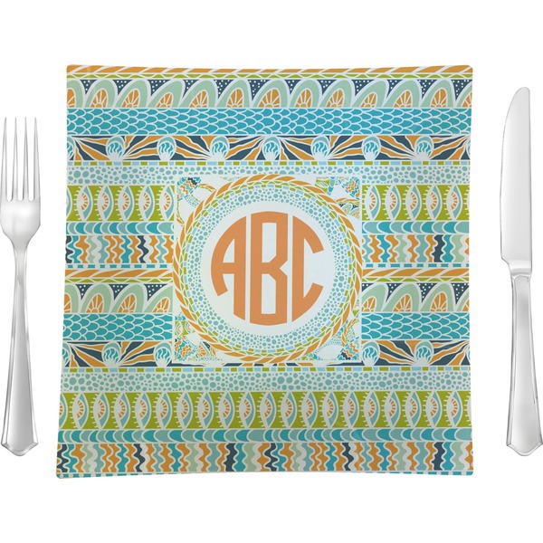 Custom Teal Ribbons & Labels Glass Square Lunch / Dinner Plate 9.5" (Personalized)