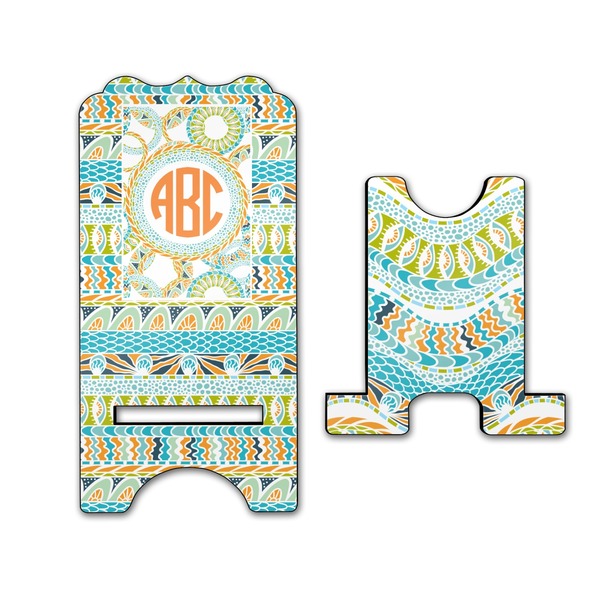 Teal Ribbons & Labels Stylized Phone Stand - Front & Back - Large