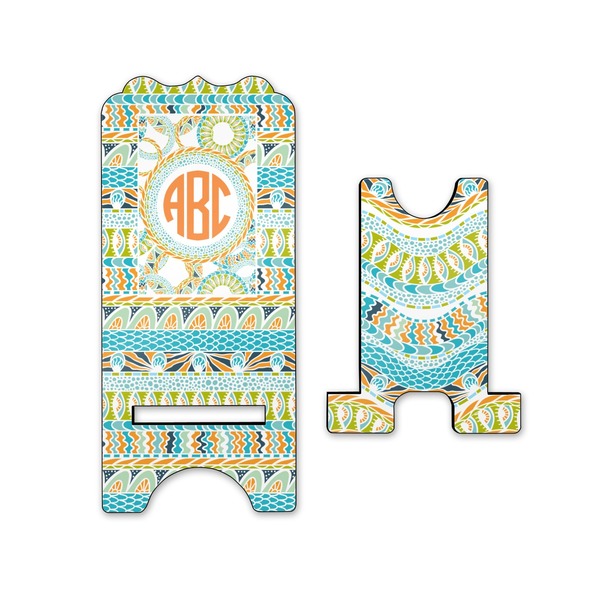 Teal Ribbons & Labels Stylized Phone Stand - Front & Back - Small