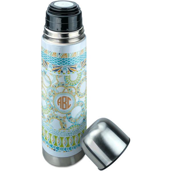 Teal Ribbons & Labels Thermos - Lid Off