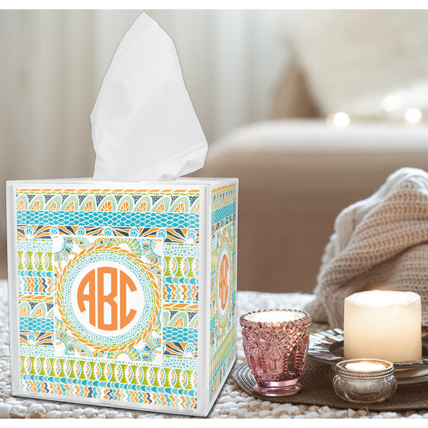 Teal Ribbons & Labels Tissue Box - LIFESTYLE