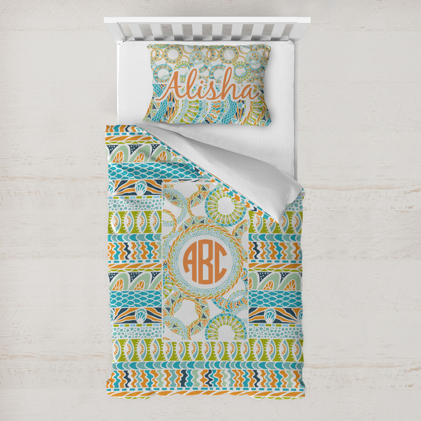 Custom Teal Ribbons & Labels Toddler Bedding Set - With Pillowcase (Personalized)