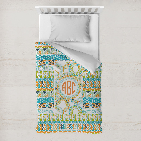 Custom Teal Ribbons & Labels Toddler Duvet Cover w/ Monogram