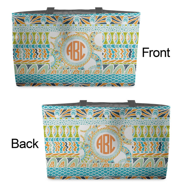 Teal Ribbons & Labels Tote w/Black Handles - Front & Back Views