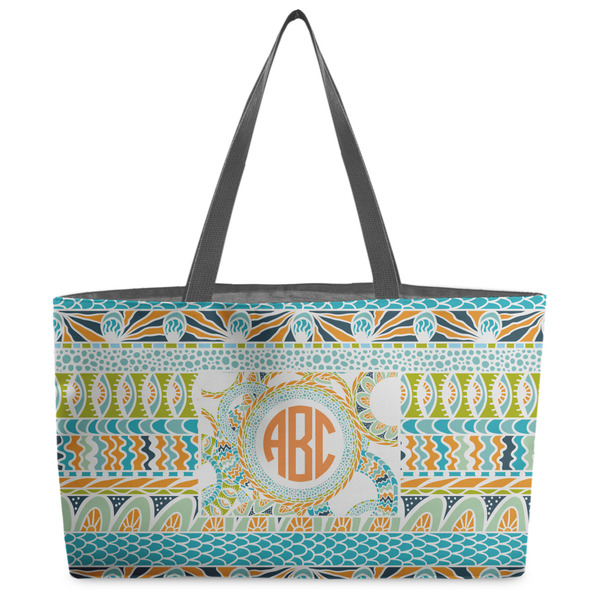 Custom Teal Ribbons & Labels Beach Totes Bag - w/ Black Handles (Personalized)
