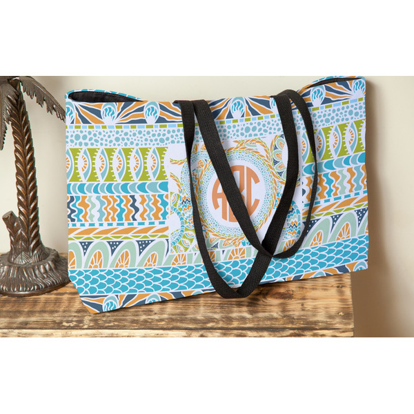 Teal Ribbons & Labels Tote w/Black Handles - Lifestyle View