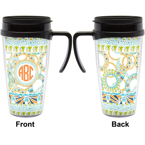 Teal Ribbons & Labels Travel Mug with Black Handle - Approval