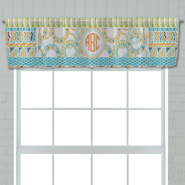 Teal Ribbons & Labels Valance - Closeup on window