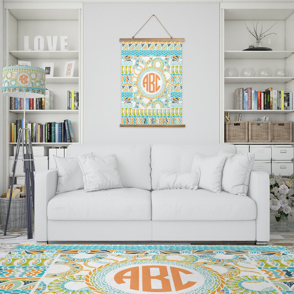 Teal Ribbons & Labels Wall Hanging Tapestry - Portrait - IN CONTEXT