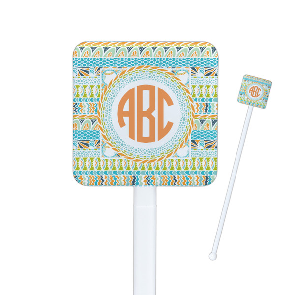Custom Teal Ribbons & Labels Square Plastic Stir Sticks - Single Sided (Personalized)