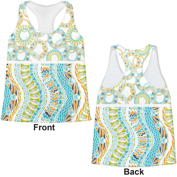 Teal Ribbons & Labels Womens Racerback Tank Tops - Medium - Front and Back