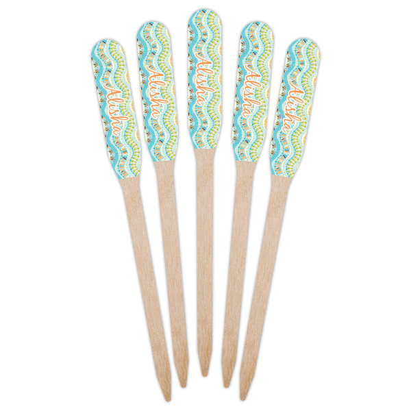 Teal Ribbons & Labels Wooden Food Pick - Paddle - Fan View