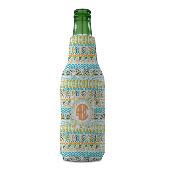 Teal Ribbons & Labels Zipper Bottle Cooler - FRONT (bottle)
