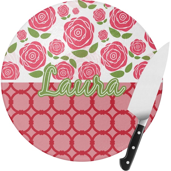 Custom Roses Round Glass Cutting Board - Small (Personalized)