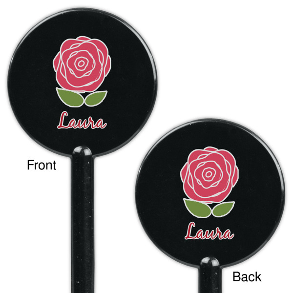 Roses Black Plastic 5.5" Stir Stick - Double Sided - Round - Front & Back
