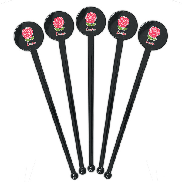 Roses Black Plastic 7" Stir Stick - Round - Fan View