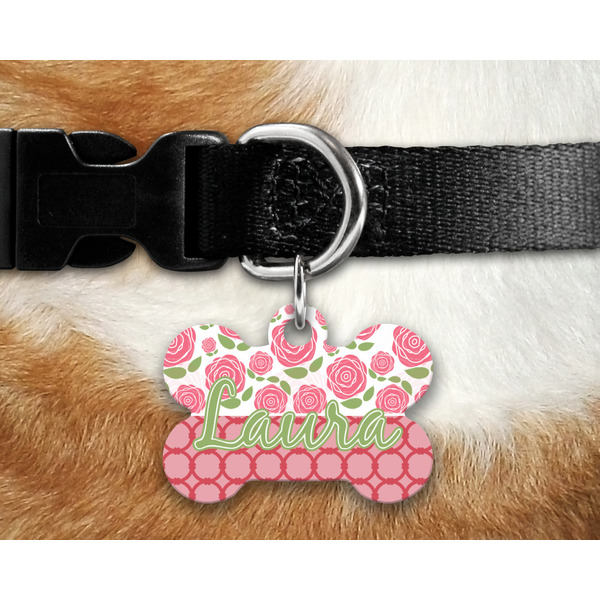 Roses Bone Shaped Dog Tag on Collar & Dog