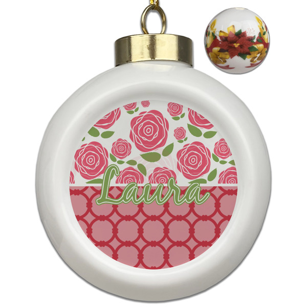 Custom Roses Ceramic Ball Ornaments - Poinsettia Garland (Personalized)