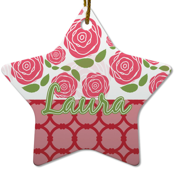 Custom Roses Star Ceramic Ornament w/ Name or Text