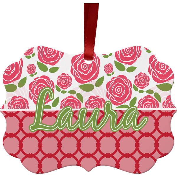 Custom Roses Metal Frame Ornament - Double Sided w/ Name or Text