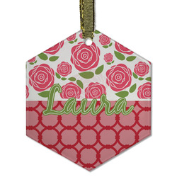 Roses Flat Glass Ornament - Hexagon w/ Name or Text