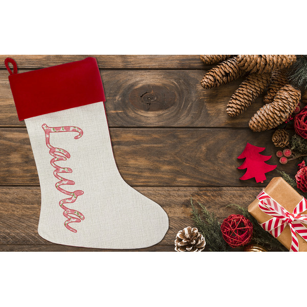 Roses Linen Stocking w/Red Cuff - Flat Lay (LIFESTYLE)