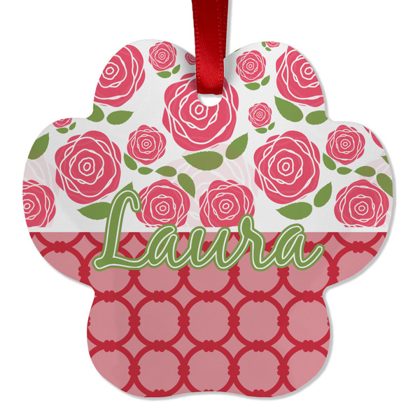Custom Roses Metal Paw Ornament - Double Sided w/ Name or Text