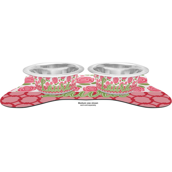 Roses Metal Pet Bowls - On Dog Bone Shaped Mat