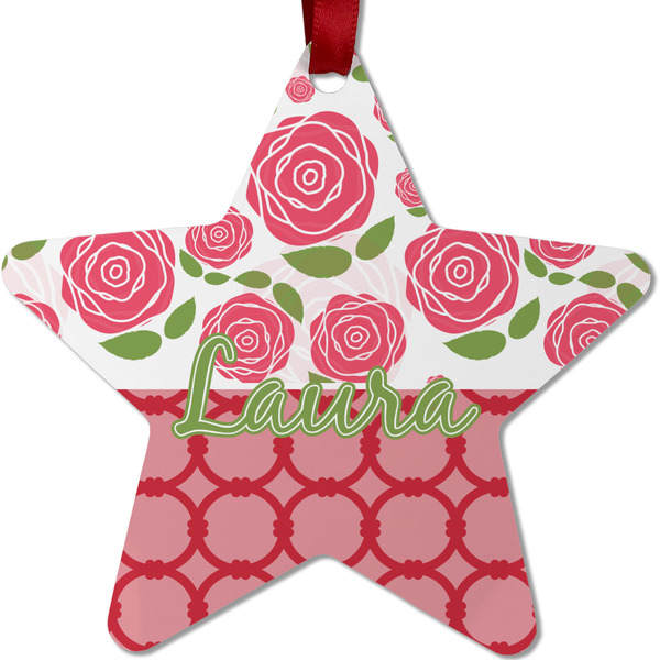 Custom Roses Metal Star Ornament - Double Sided w/ Name or Text