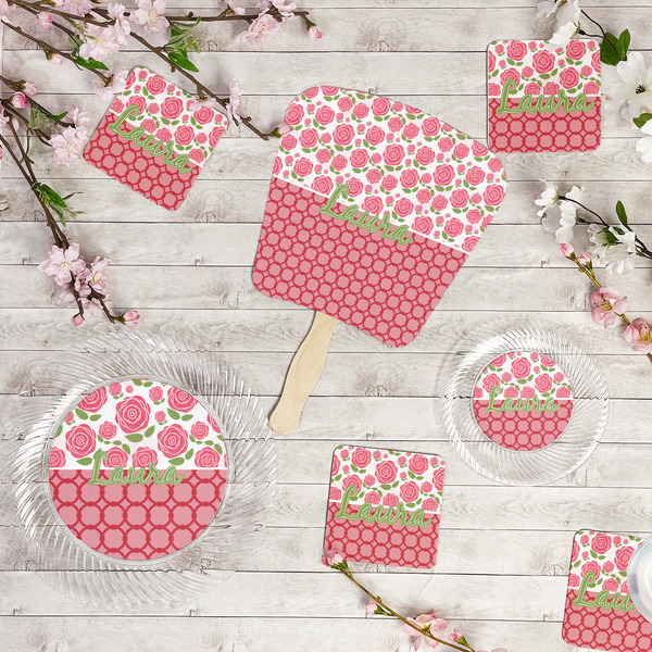 Roses Party Supplies Combination Image - All items - Plates, Coasters, Fans