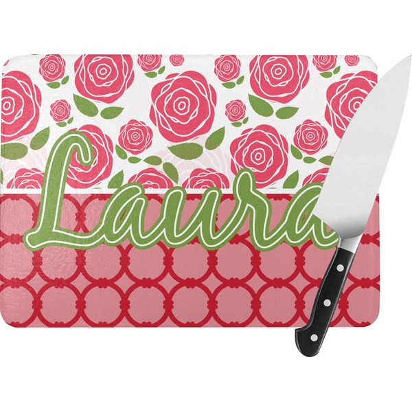 Custom Roses Rectangular Glass Cutting Board - Large - 15.25"x11.25" w/ Name or Text