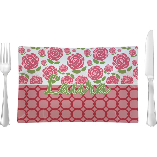 Custom Roses Rectangular Glass Lunch / Dinner Plate - Single or Set (Personalized)