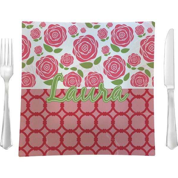 Custom Roses Glass Square Lunch / Dinner Plate 9.5" (Personalized)