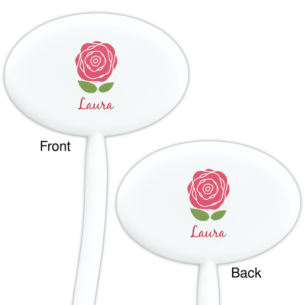 Roses White Plastic 7" Stir Stick - Double Sided - Oval - Front & Back