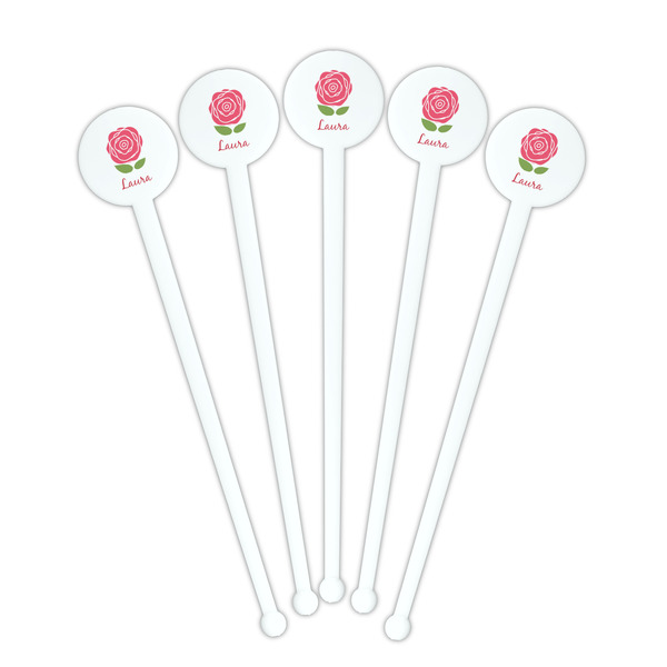 Roses White Plastic 7" Stir Stick - Round - Fan View
