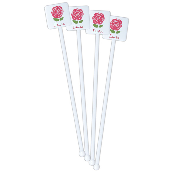 Roses White Plastic Stir Stick - Double Sided - Square - Front